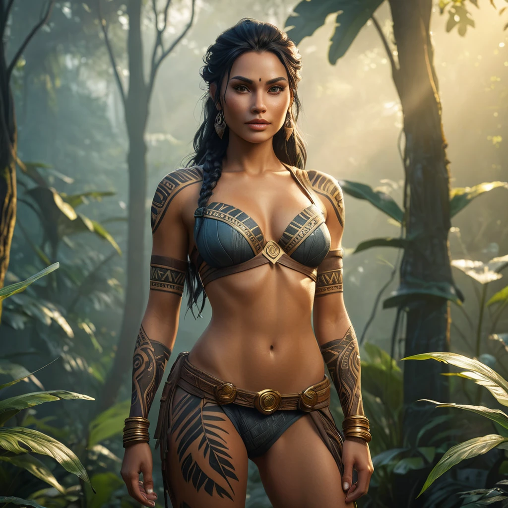 Nidalee, the guardian of the wild, with detailed tribal tattoos on her torso and arms, standing in a misty jungle, golden hour lighting, soft shadows, cinematic realism