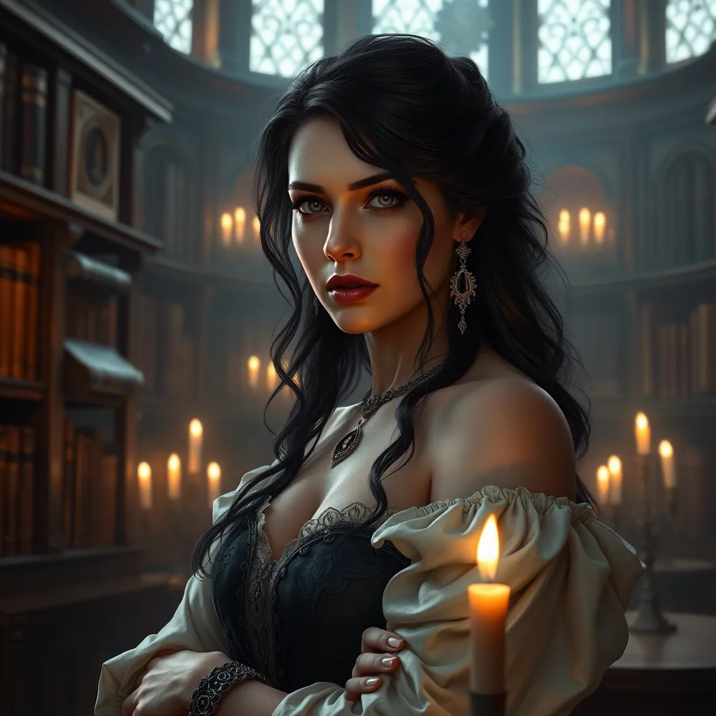 Yennefer, in a grand, candlelit library, surrounded by ancient tomes and glowing magical runes, her expression contemplative and powerful, with a soft, ethereal glow highlighting her features, ultra-realistic, 8k