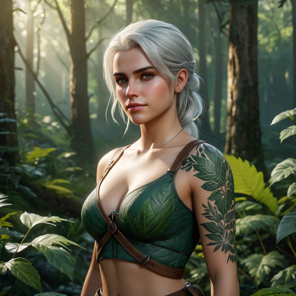 Ciri from The Witcher 3 with nature-inspired tattoos blending with her surroundings, standing in a lush, enchanted forest, soft ambient lighting, hyper-realistic, 8K resolution