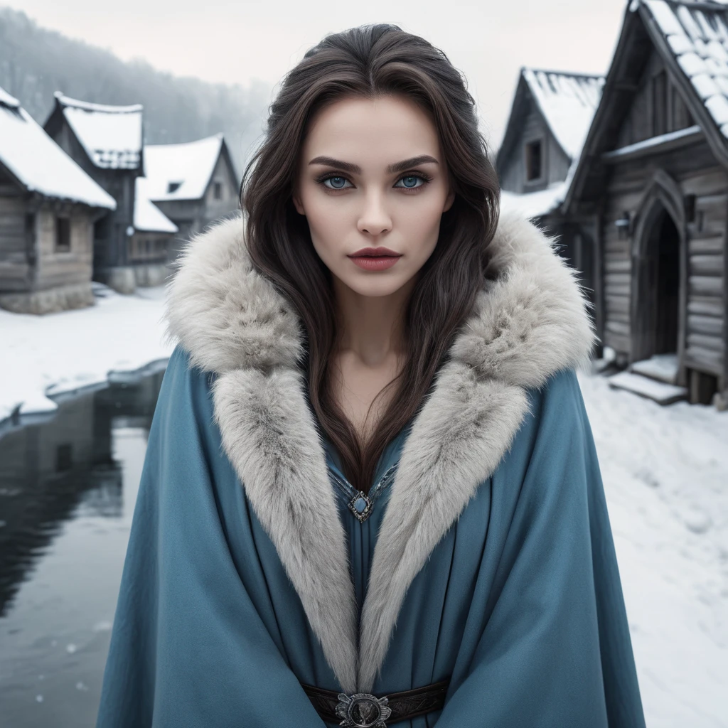 A beautiful Romanian vampire, in a snow-covered village, wearing a fur-lined cloak, with a haunting gaze, standing near a frozen river, icy blue tones, serene yet foreboding, detailed facial features, emotional depth