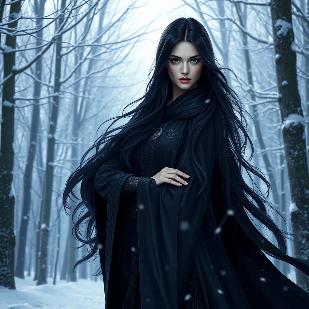 Yennefer of Vengerberg, standing elegantly in a snow-covered forest, with her long, flowing black hair and piercing violet eyes, wearing her signature dark sorceress robes, with magical energy swirling around her, cinematic lighting, high detail, 8k