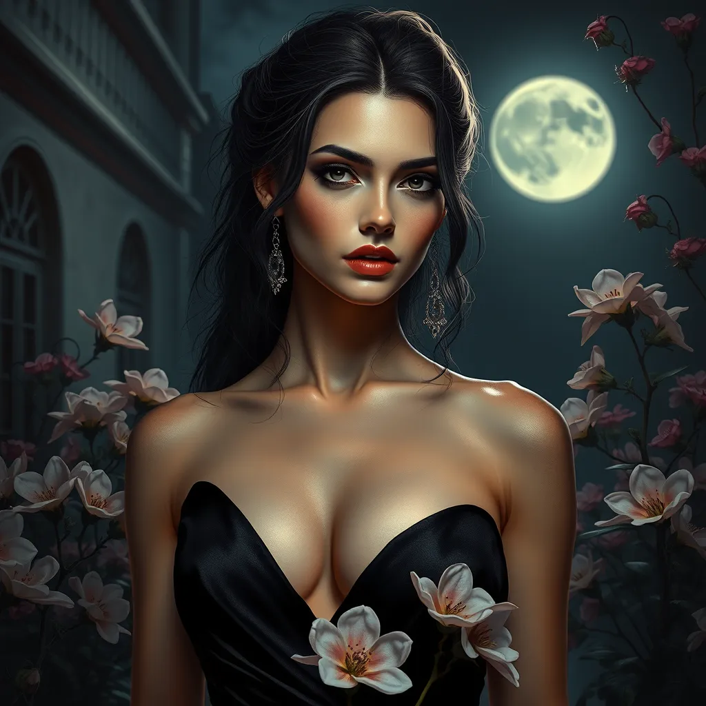 A beautiful Romanian vampire, in a moonlit courtyard, wearing a modern yet elegant black dress, with a subtle, sinister smile, surrounded by blooming night-blooming flowers, soft moonlight, seductive and dangerous, high contrast, realistic textures