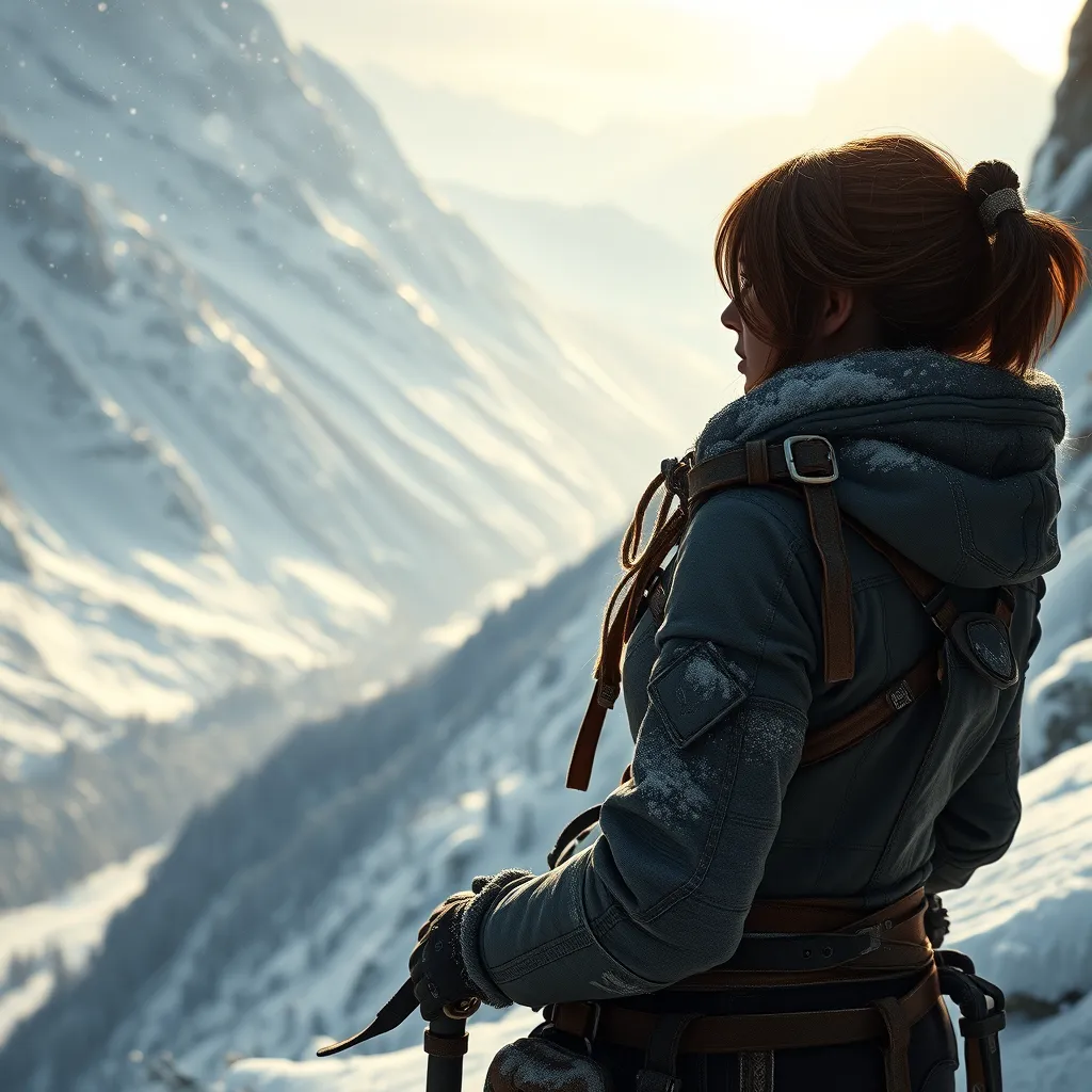 Lara Croft, in a snowy mountain landscape, wearing a winter outfit with climbing gear, looking out over a vast valley, soft snowfall, serene atmosphere, realistic details, emotional depth