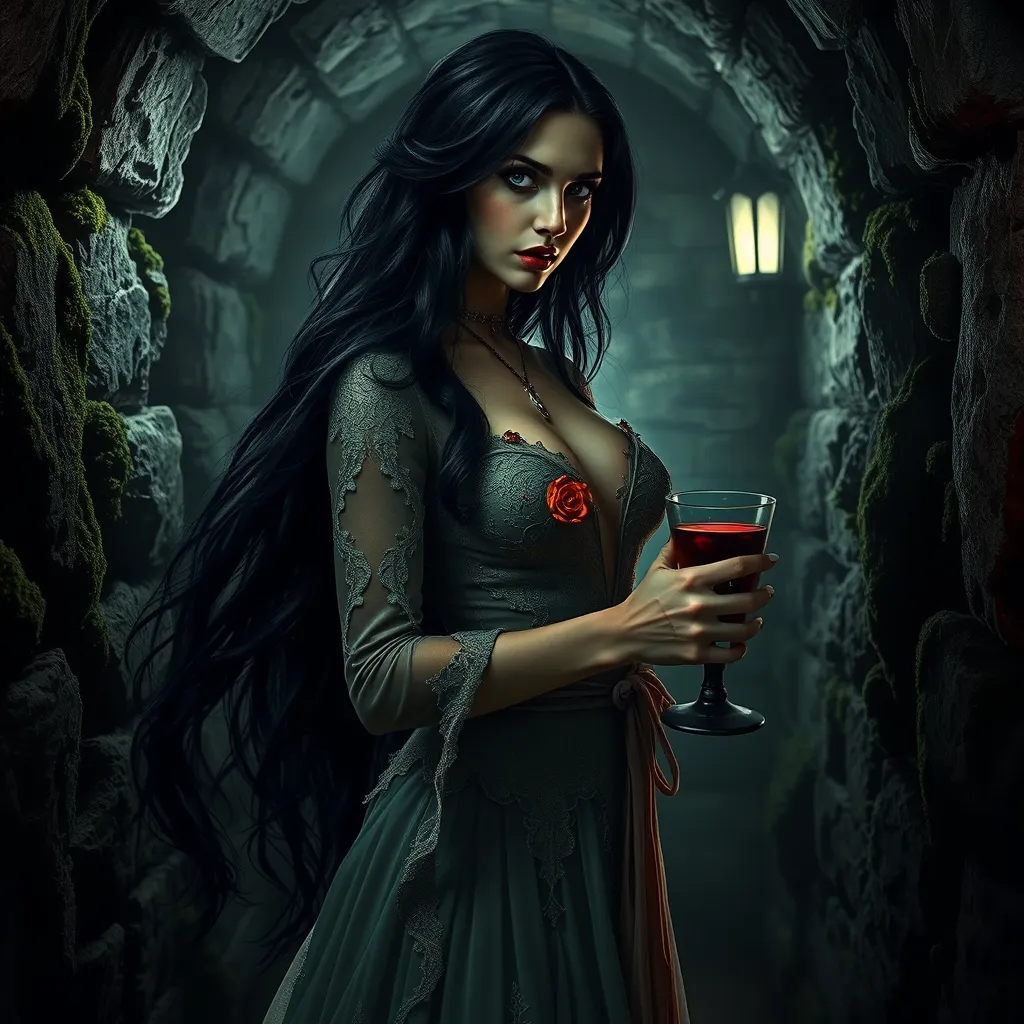 A beautiful Romanian vampire, in a dimly lit crypt, wearing a tattered lace dress, with long, flowing black hair, holding a goblet of blood, stone walls covered in moss, eerie glow, dramatic shadows, gothic horror style