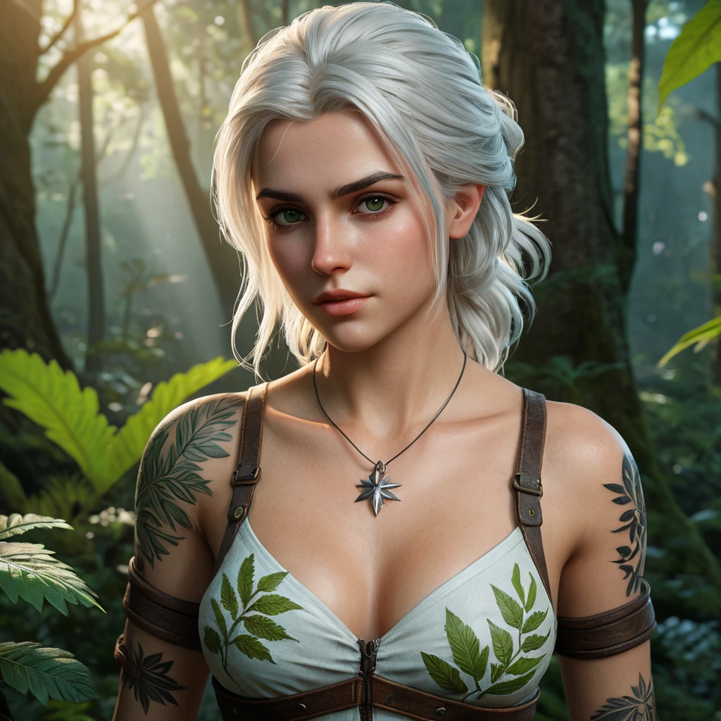 Ciri from The Witcher 3 with nature-inspired tattoos blending with her surroundings, standing in a lush, enchanted forest, soft ambient lighting, hyper-realistic, 8K resolution