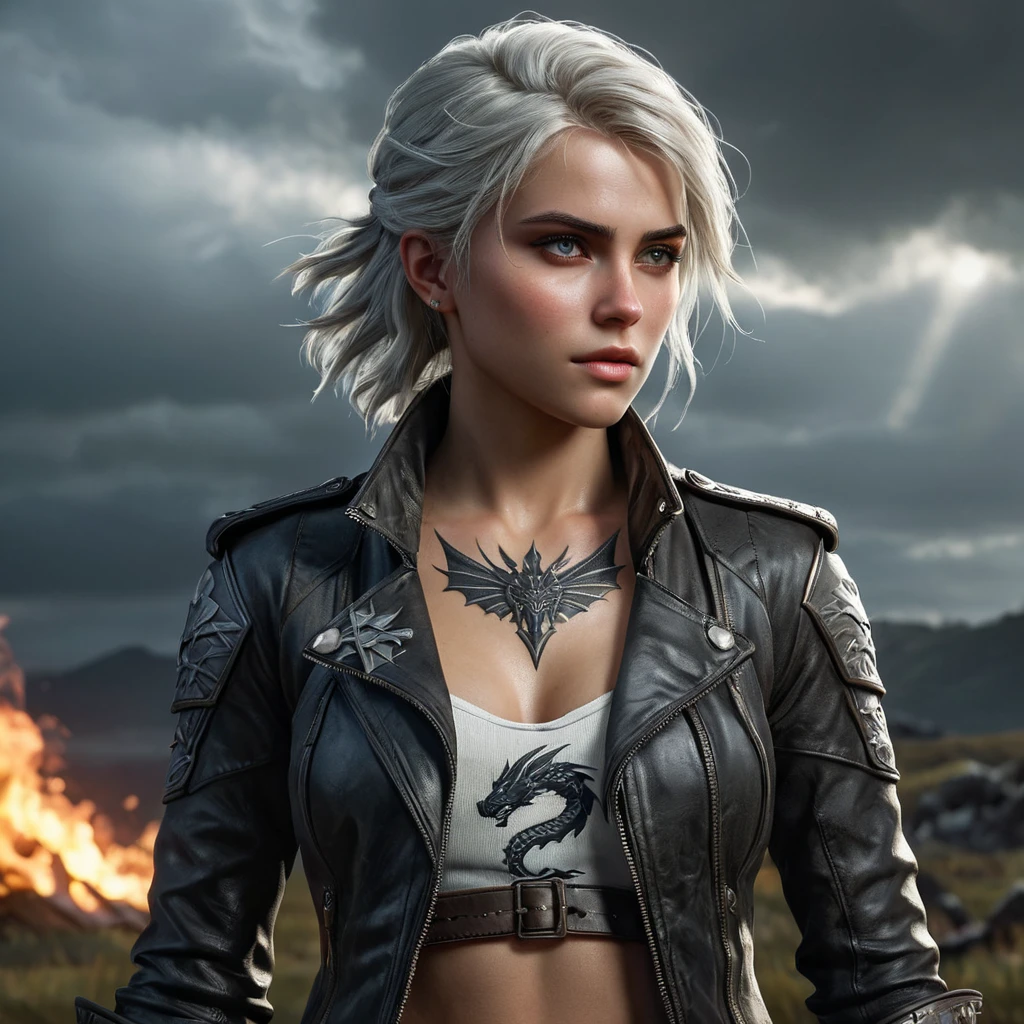 Young Ciri from The Witcher 3 with dragon-themed tattoos on her face and arms, wearing a leather jacket, standing in a stormy battlefield, dramatic lighting, ultra-detailed, 8K