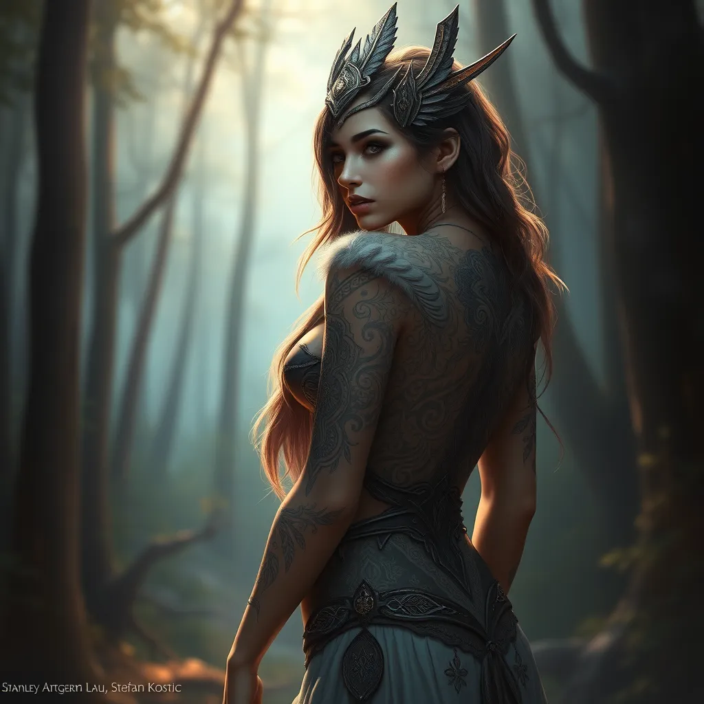 Nidalee, the Shaman Queen, adorned with intricate tribal tattoos on her chest and back, standing in a mystical forest, ethereal glow, soft focus, fantasy art style