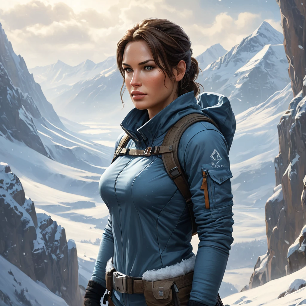 Lara Croft, in a snowy mountain landscape, wearing a winter outfit with climbing gear, looking out over a vast valley, soft snowfall, serene atmosphere, realistic details, emotional depth