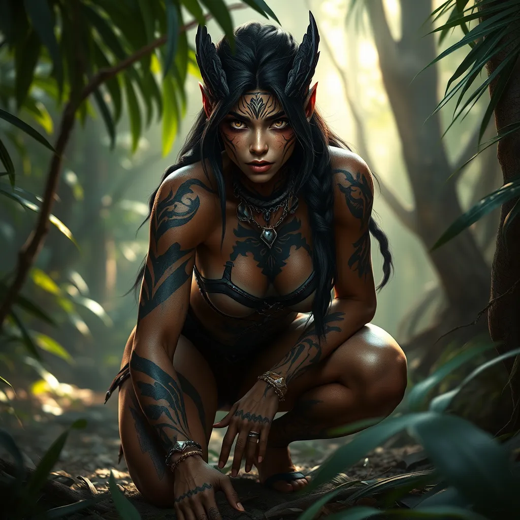 Nidalee, the primal huntress with animalistic tattoos on her face and body, crouched in a hidden jungle clearing, natural light filtering through the trees, realistic texture, photorealistic style