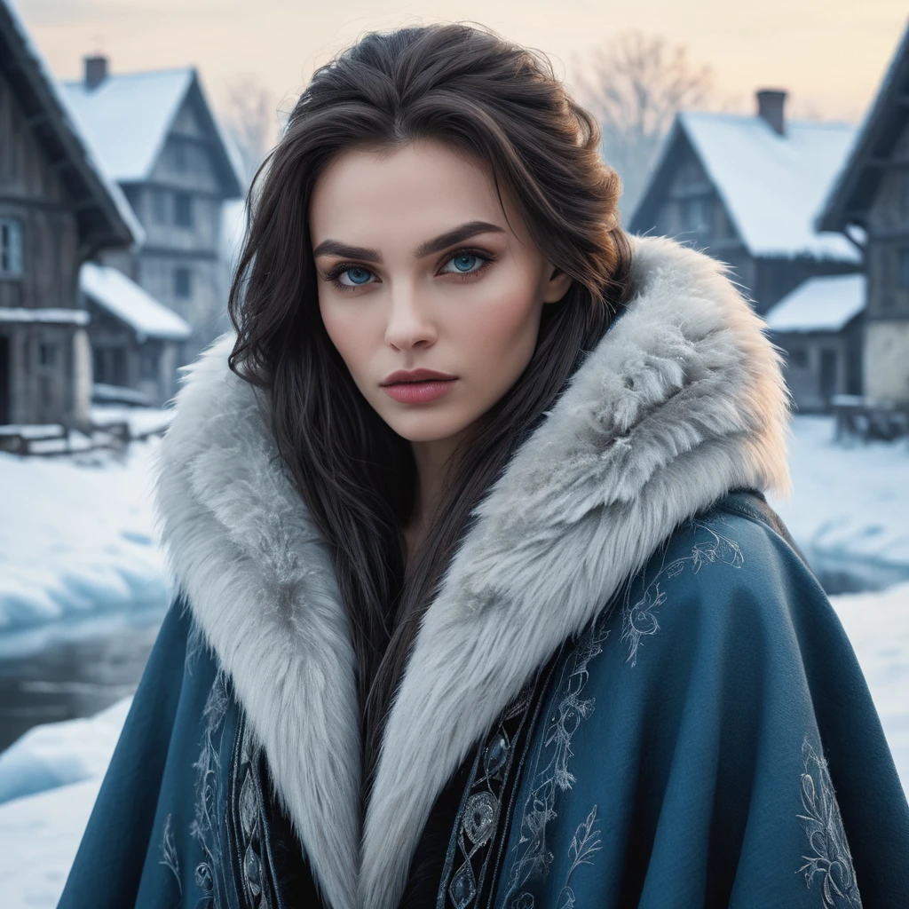 A beautiful Romanian vampire, in a snow-covered village, wearing a fur-lined cloak, with a haunting gaze, standing near a frozen river, icy blue tones, serene yet foreboding, detailed facial features, emotional depth