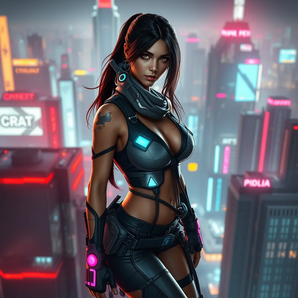 Lara Croft, in a futuristic cityscape, wearing a sleek, high-tech outfit, standing on a skyscraper ledge, neon lights reflecting off her gear, cyberpunk style, intense focus, high detail