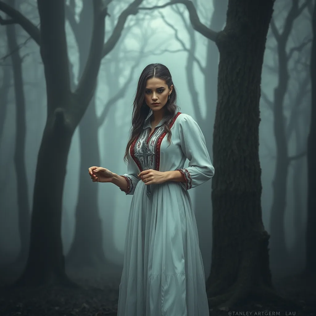 A beautiful Romanian vampire, in a misty forest, wearing a traditional Romanian blouse with a long skirt, holding a silver cross, surrounded by ancient trees, foggy ambiance, mysterious and alluring, high detail, cinematic lighting