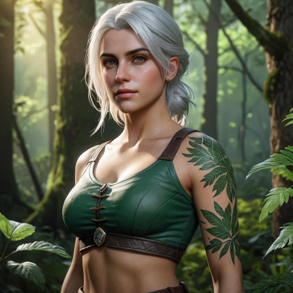 Ciri from The Witcher 3 with nature-inspired tattoos blending with her surroundings, standing in a lush, enchanted forest, soft ambient lighting, hyper-realistic, 8K resolution