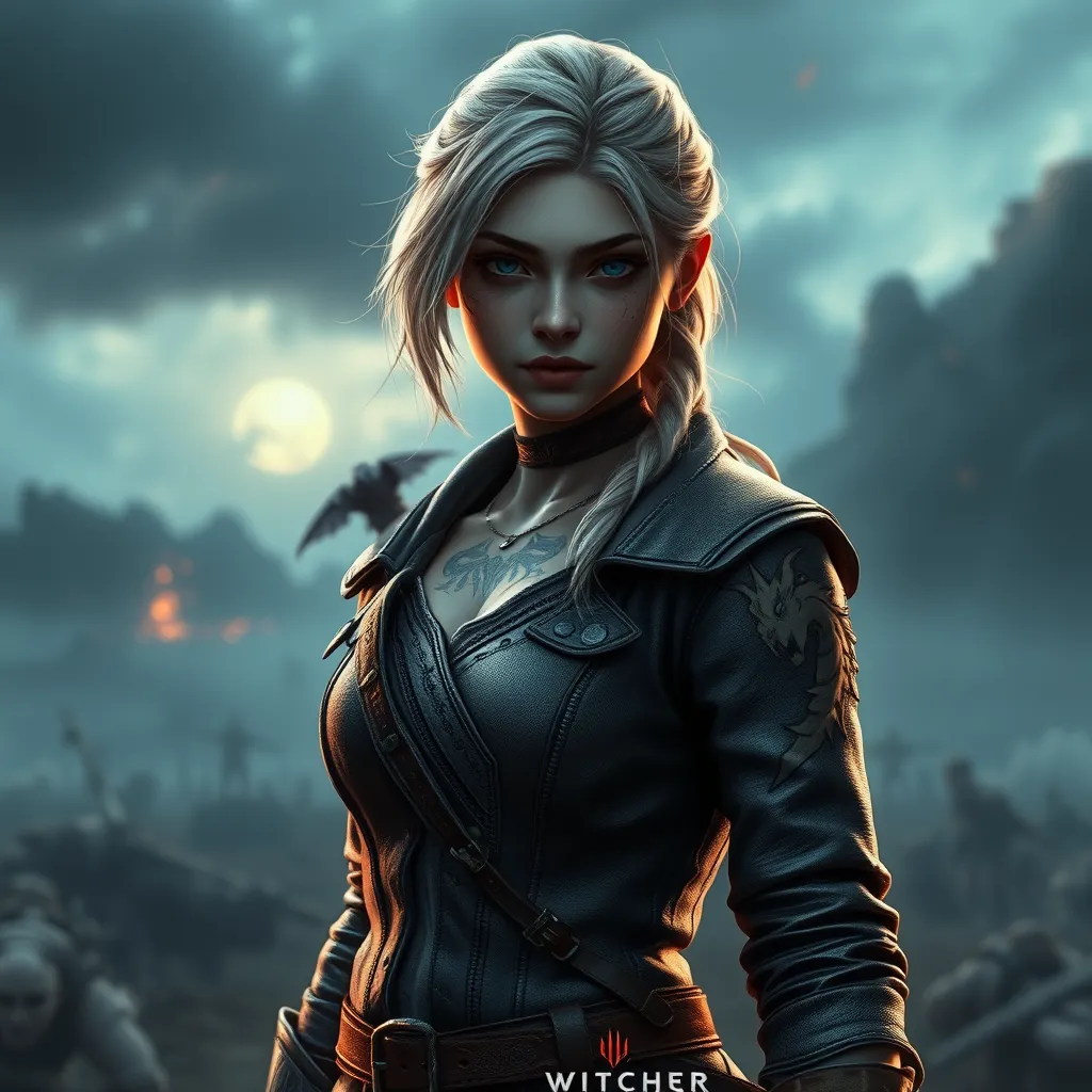 Young Ciri from The Witcher 3 with dragon-themed tattoos on her face and arms, wearing a leather jacket, standing in a stormy battlefield, dramatic lighting, ultra-detailed, 8K