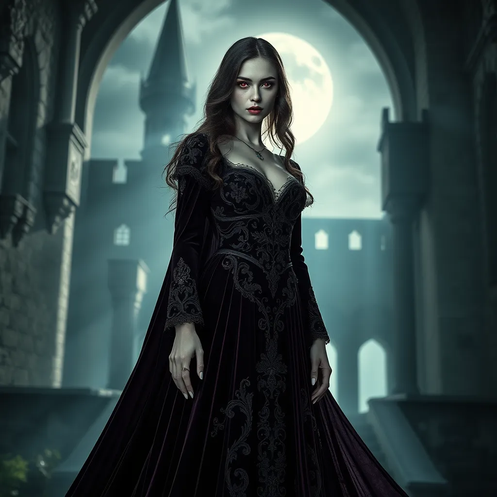 A beautiful Romanian vampire, standing in a Transylvanian castle, wearing a flowing, dark velvet gown with intricate embroidery, pale skin, red eyes, moonlight casting eerie shadows, gothic atmosphere, hyper-realistic, 8K resolution