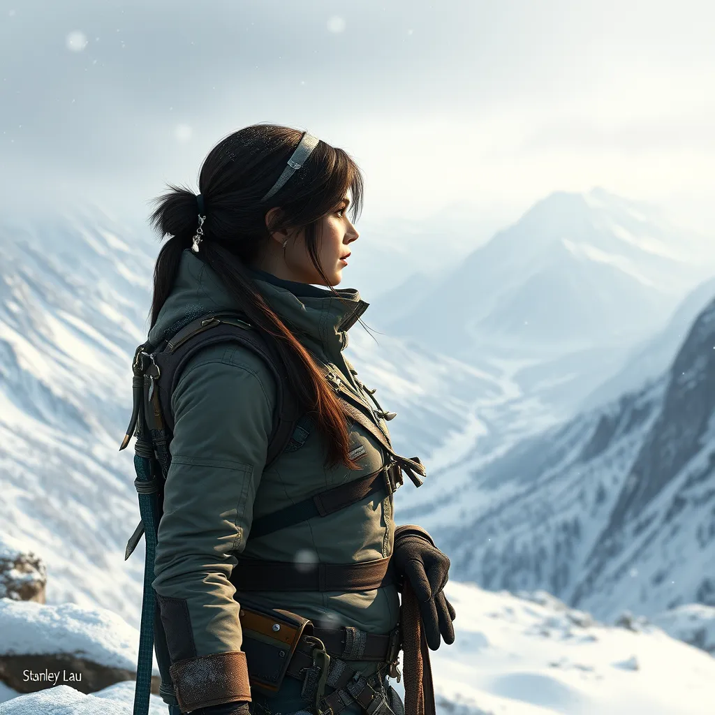 Lara Croft, in a snowy mountain landscape, wearing a winter outfit with climbing gear, looking out over a vast valley, soft snowfall, serene atmosphere, realistic details, emotional depth