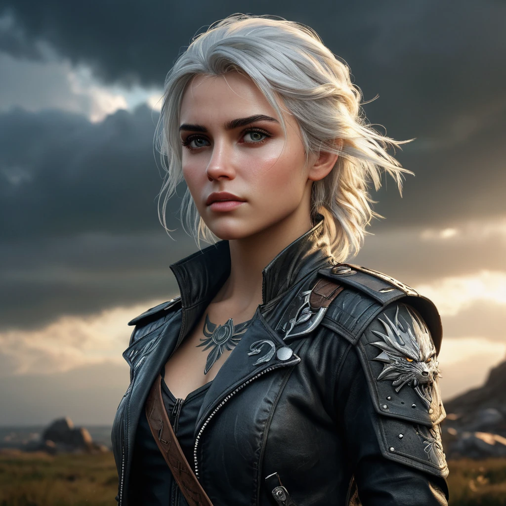 Young Ciri from The Witcher 3 with dragon-themed tattoos on her face and arms, wearing a leather jacket, standing in a stormy battlefield, dramatic lighting, ultra-detailed, 8K