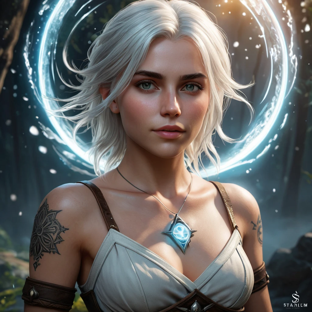 Ciri from The Witcher 3 with mystical rune tattoos glowing on her skin, floating in a magical vortex, ethereal atmosphere, soft lighting, hyper-realistic, 8K