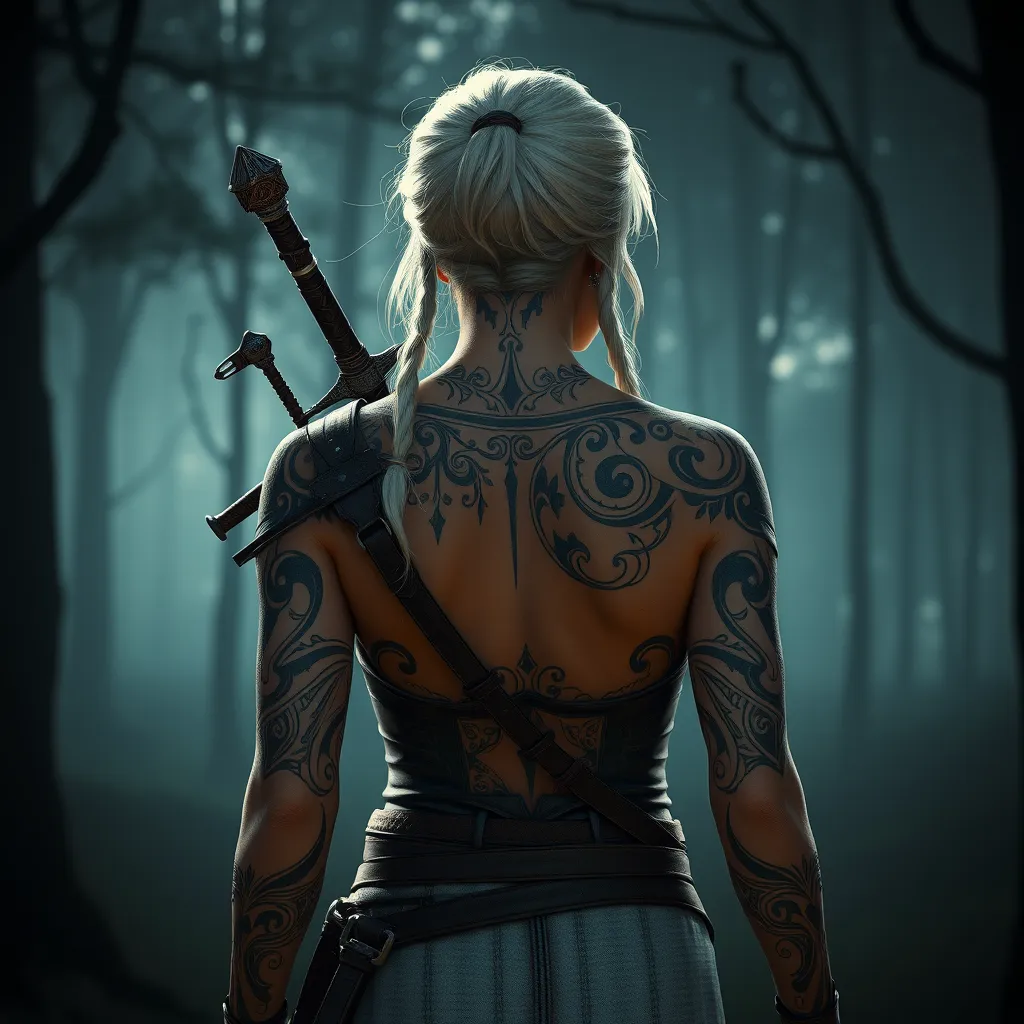 Ciri from The Witcher 3 with intricate tribal tattoos covering her arms and back, standing in a misty forest, cinematic lighting, hyper-realistic, 8K resolution