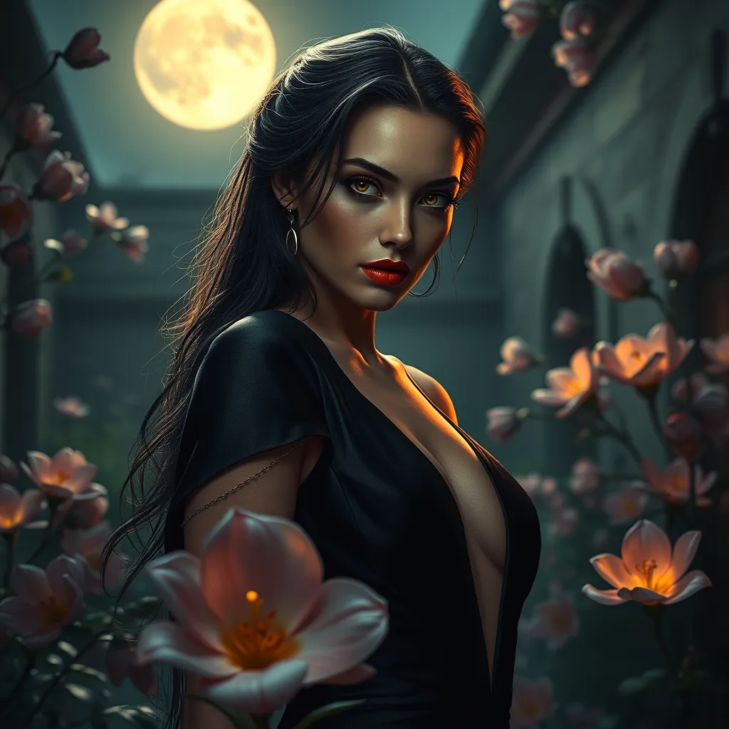 A beautiful Romanian vampire, in a moonlit courtyard, wearing a modern yet elegant black dress, with a subtle, sinister smile, surrounded by blooming night-blooming flowers, soft moonlight, seductive and dangerous, high contrast, realistic textures