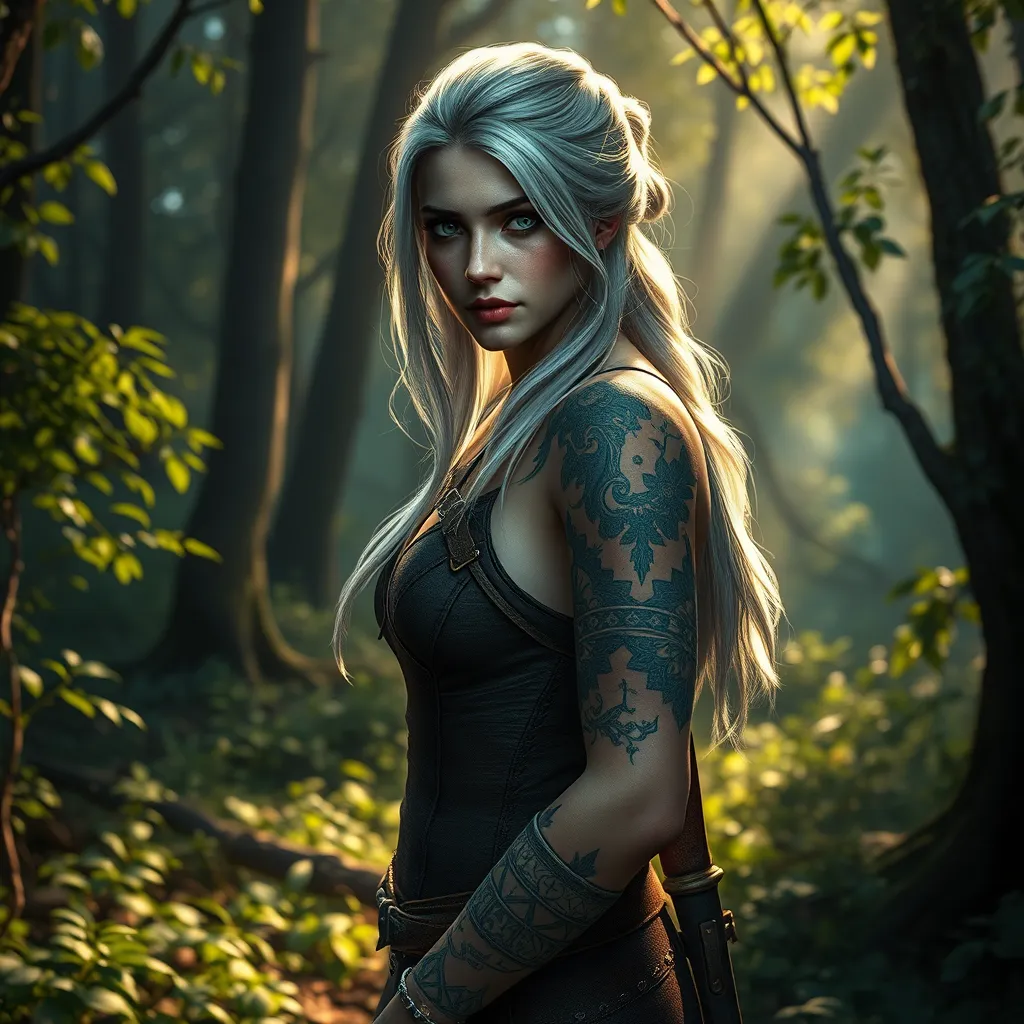 Ciri from The Witcher 3 with nature-inspired tattoos blending with her surroundings, standing in a lush, enchanted forest, soft ambient lighting, hyper-realistic, 8K resolution