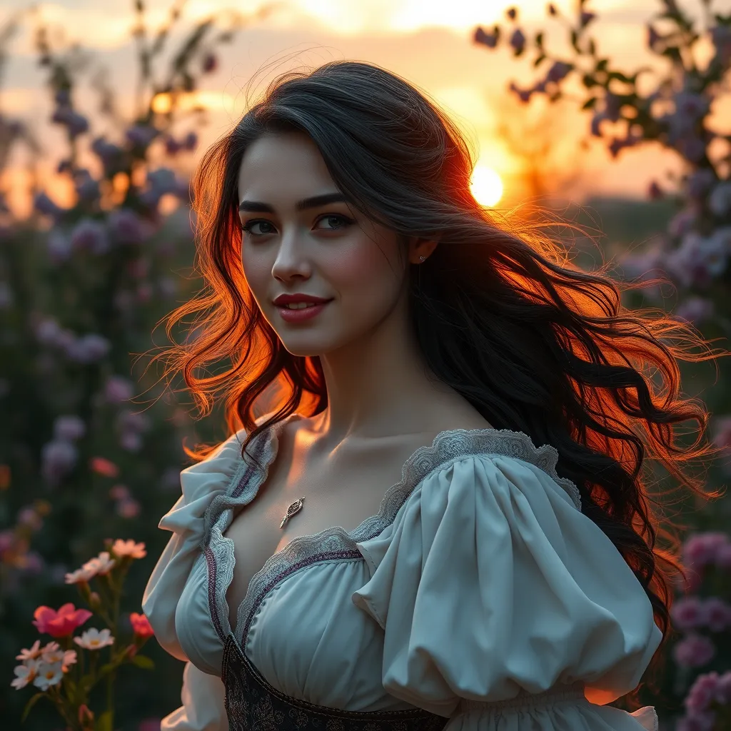 Yennefer, in a serene garden at sunset, with blooming flowers and a gentle breeze, her expression soft and serene, with a gentle smile, her hair gently flowing, ultra-realistic, 8k