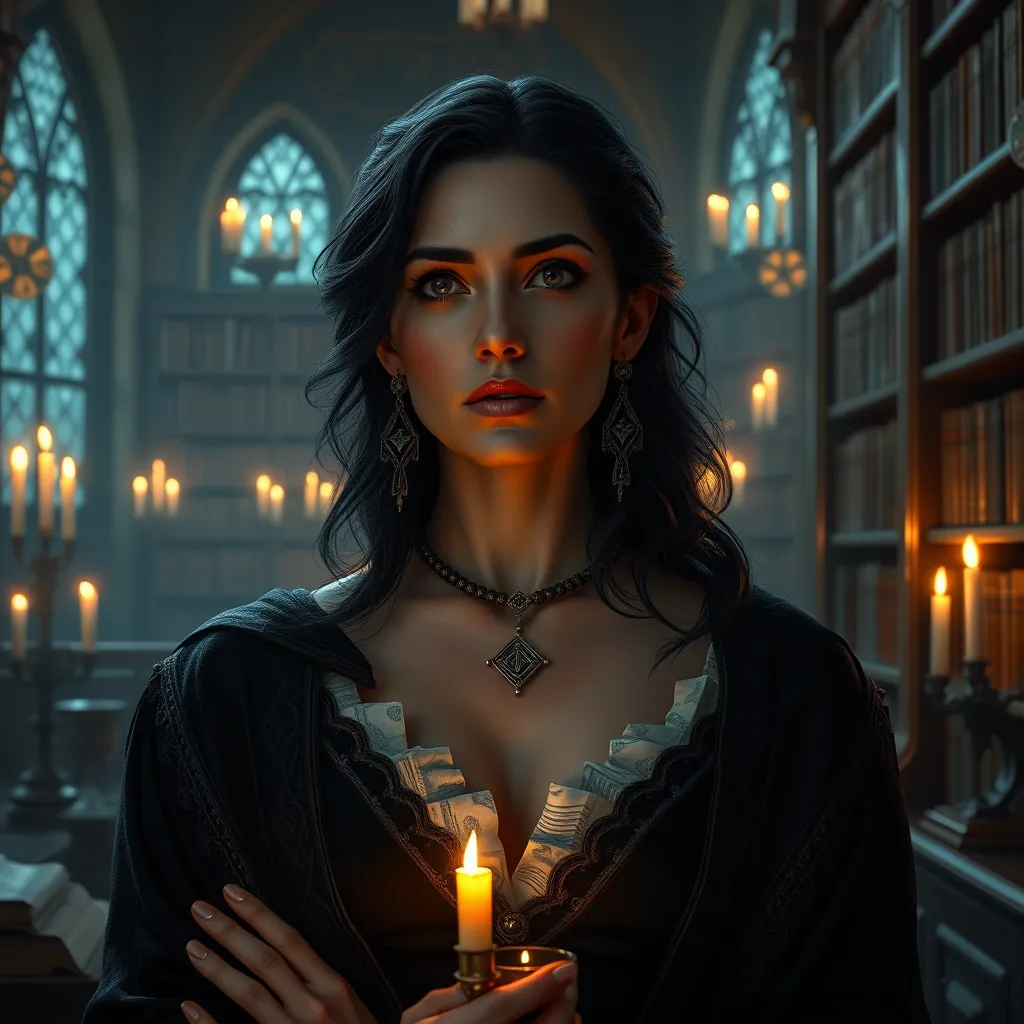 Yennefer, in a grand, candlelit library, surrounded by ancient tomes and glowing magical runes, her expression contemplative and powerful, with a soft, ethereal glow highlighting her features, ultra-realistic, 8k