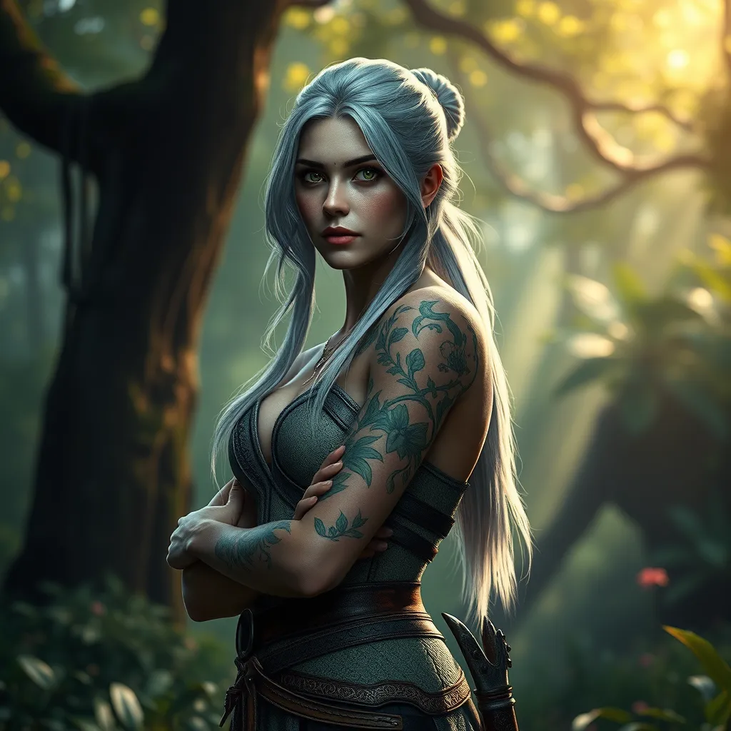 Ciri from The Witcher 3 with nature-inspired tattoos blending with her surroundings, standing in a lush, enchanted forest, soft ambient lighting, hyper-realistic, 8K resolution