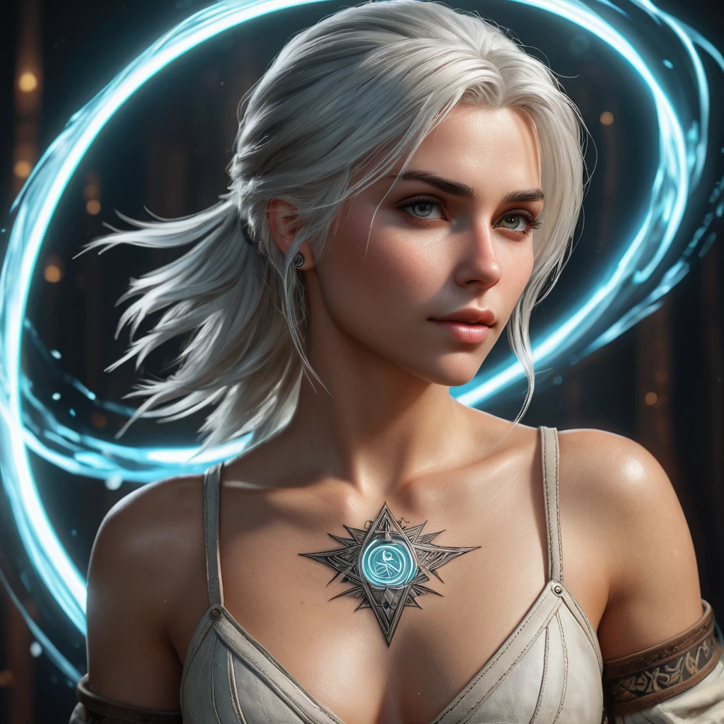 Ciri from The Witcher 3 with mystical rune tattoos glowing on her skin, floating in a magical vortex, ethereal atmosphere, soft lighting, hyper-realistic, 8K