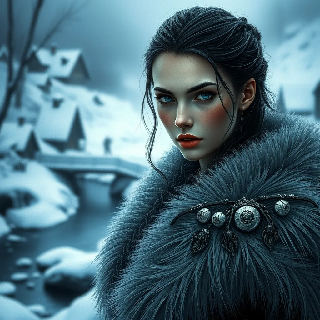 A beautiful Romanian vampire, in a snow-covered village, wearing a fur-lined cloak, with a haunting gaze, standing near a frozen river, icy blue tones, serene yet foreboding, detailed facial features, emotional depth