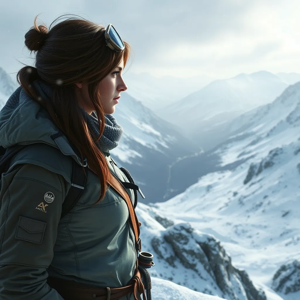 Lara Croft, in a snowy mountain landscape, wearing a winter outfit with climbing gear, looking out over a vast valley, soft snowfall, serene atmosphere, realistic details, emotional depth