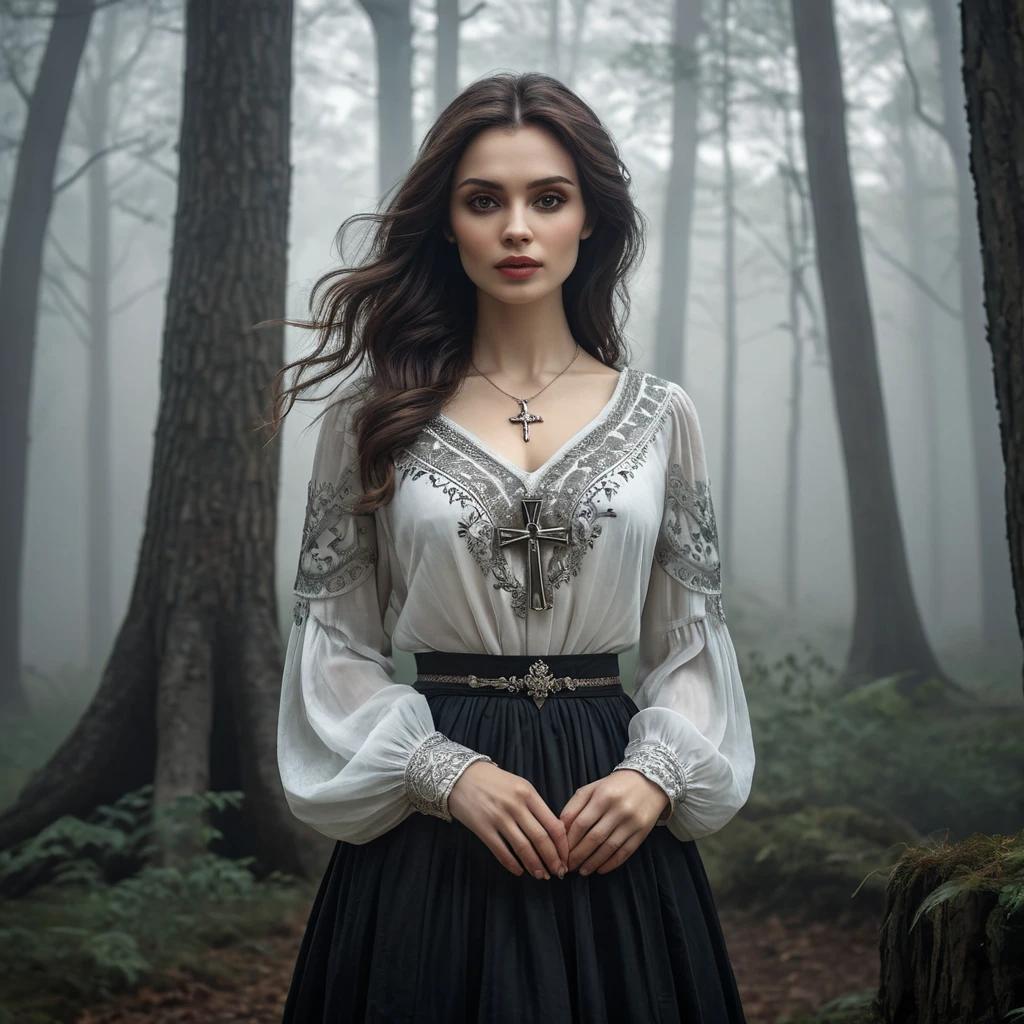 A beautiful Romanian vampire, in a misty forest, wearing a traditional Romanian blouse with a long skirt, holding a silver cross, surrounded by ancient trees, foggy ambiance, mysterious and alluring, high detail, cinematic lighting