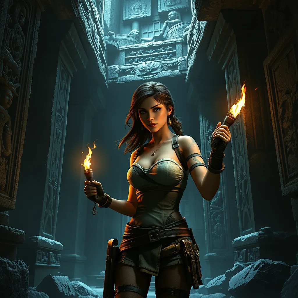 Lara Croft, exploring an ancient temple, torch in hand, surrounded by intricate stone carvings, dramatic shadows, high contrast, detailed textures, epic adventure scene