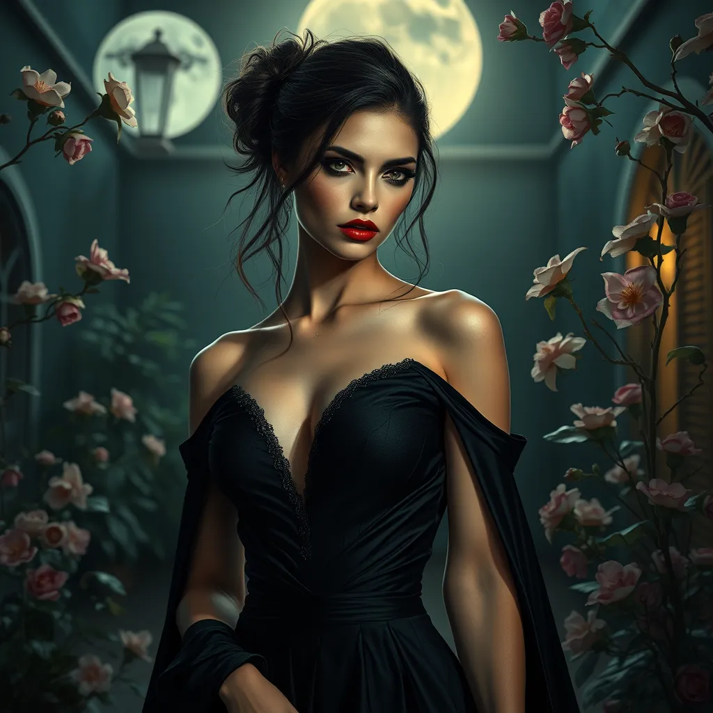 A beautiful Romanian vampire, in a moonlit courtyard, wearing a modern yet elegant black dress, with a subtle, sinister smile, surrounded by blooming night-blooming flowers, soft moonlight, seductive and dangerous, high contrast, realistic textures