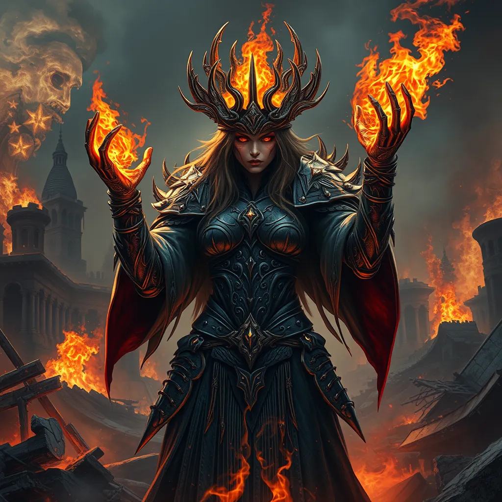 A Fire Sorceress stands in the midst of a ruined city, her power having laid waste to everything around her. Her eyes are pits of swirling fire, and her voice is a deep, rumbling growl that echoes through the air. She wears a crown of twisted, burning metal, and her armor is made of blackened, scorched steel. Flames lick at her fingertips as she raises her hands, ready to unleash another wave of destruction upon the world.