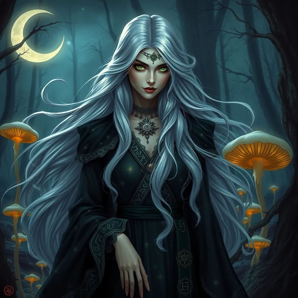 A beautiful witch with long, flowing silver hair and piercing emerald eyes, standing in a moonlit forest with glowing mushrooms and a crescent moon overhead, her robes shimmering with stardust and ancient runes