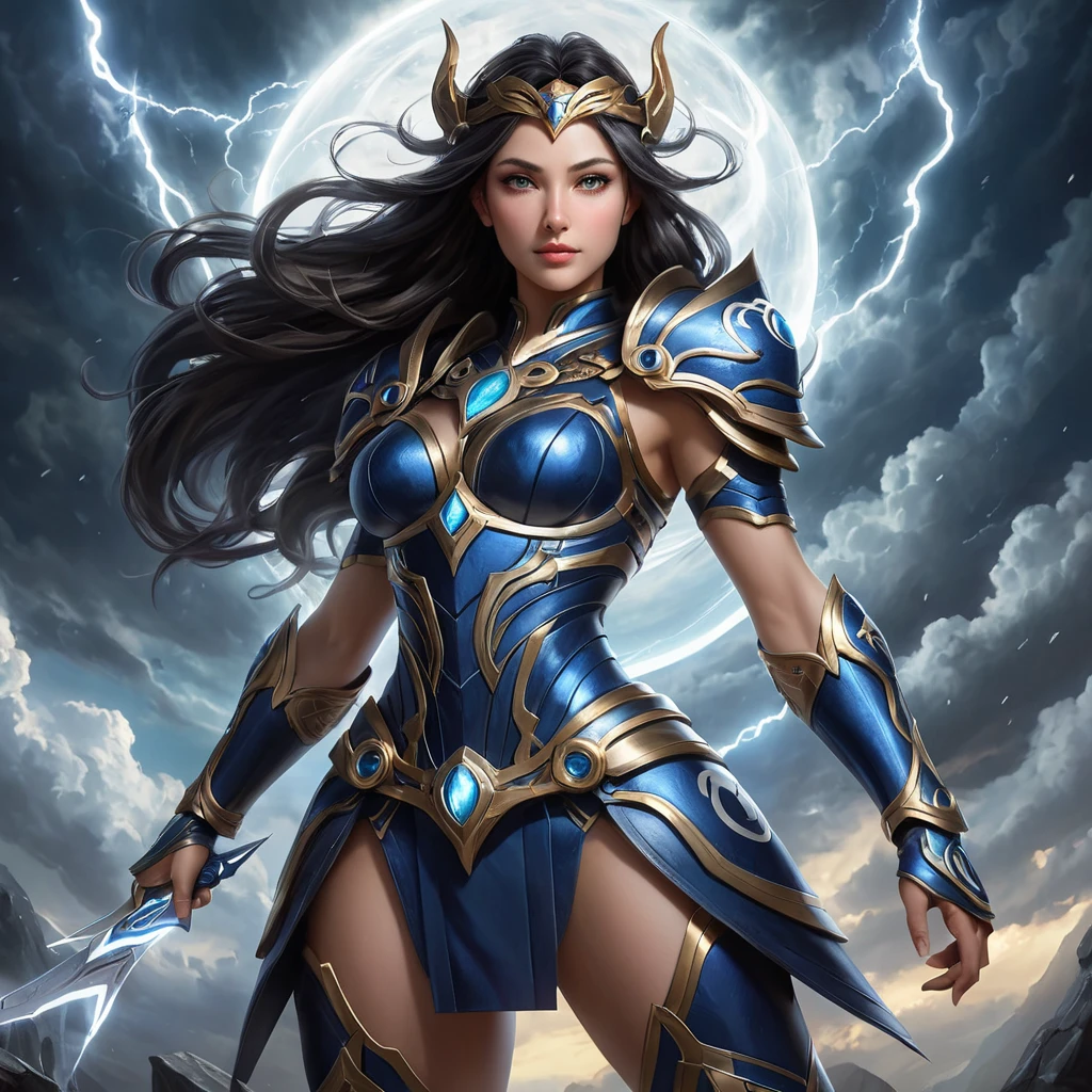 A majestic Irelia stands amidst a storm-torn battlefield, her eyes glowing with an ethereal light as she wields her twin blades with deadly precision. The sky above is a swirling vortex of dark clouds and lightning, casting an eerie glow on her armor, which is adorned with intricate, ancient runes.