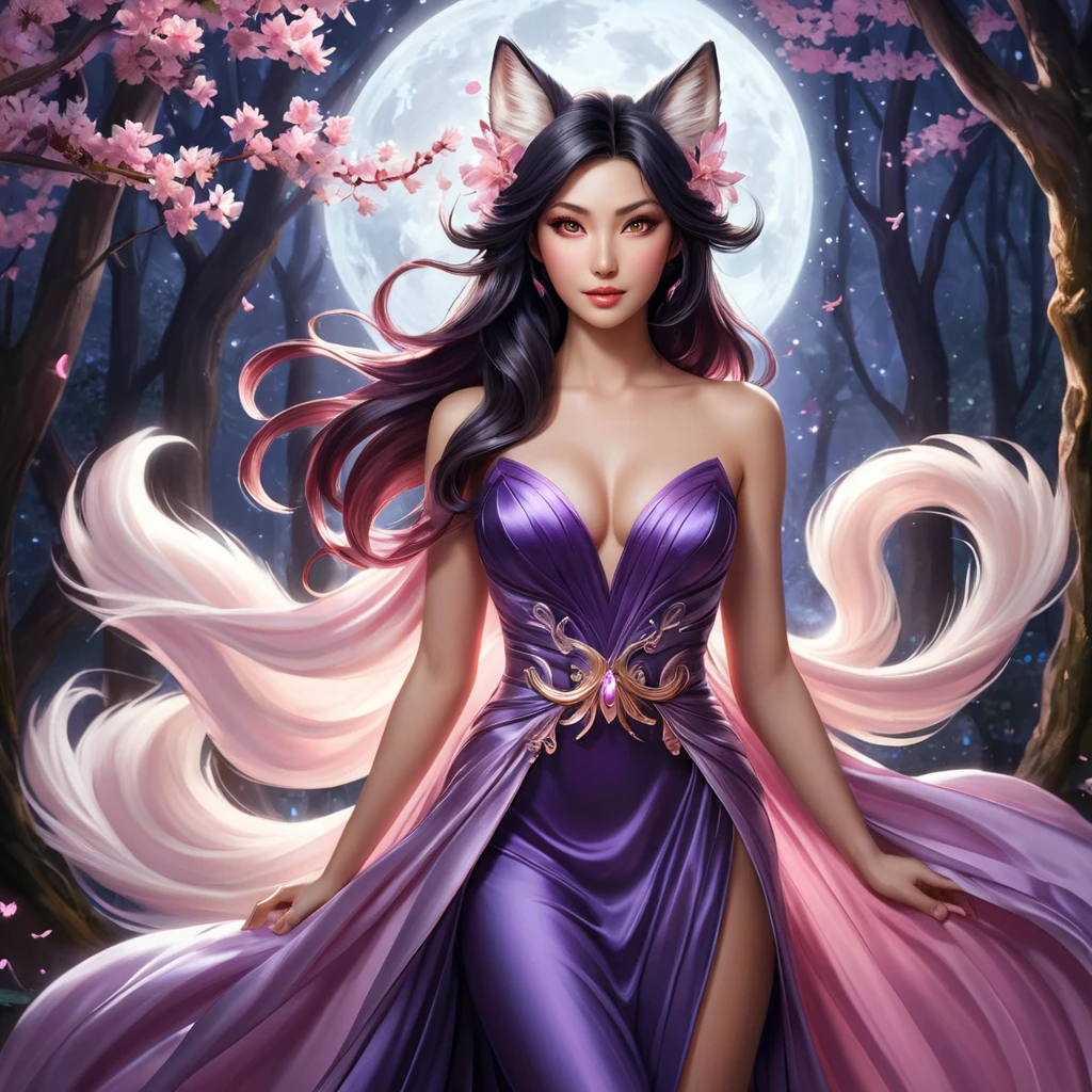 A seductive Ahri, the Nine-Tailed Fox, with mesmerizing eyes that glow like embers, her fur a blend of deep reds and purples, draped in a flowing, ethereal gown that shimmers with starlight, standing in a moonlit forest with cherry blossom petals swirling around her.