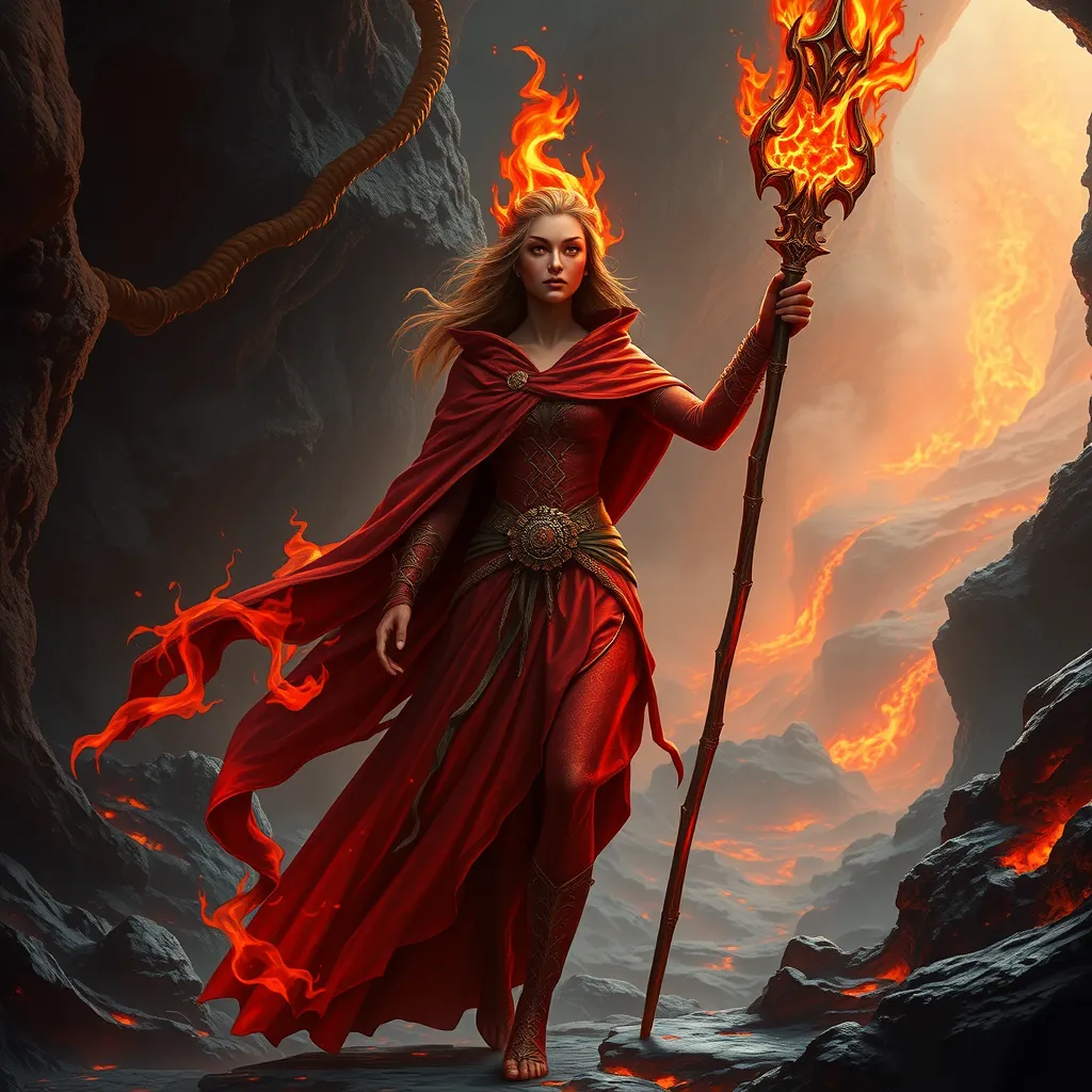 A Fire Sorceress stands in a cavern filled with molten rock and rivers of lava, her presence causing the temperature to rise to unbearable levels. Her skin is a deep, fiery red, and her eyes are like two burning coals. She wears a cloak made of living flames that shift and change shape as she moves. In her hand, she holds a staff that crackles with energy, and as she raises it, the lava around her begins to bubble and surge, as if responding to her command.