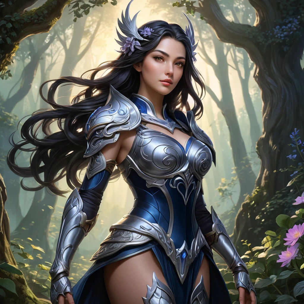 Irelia, the graceful warrior, is depicted in a serene yet foreboding forest at twilight. Her form is a blend of elegance and menace, with vines and flowers intertwining with her armor, yet her eyes hold a cold, determined stare. The background is a mix of soft, glowing flora and twisted, shadowy trees.