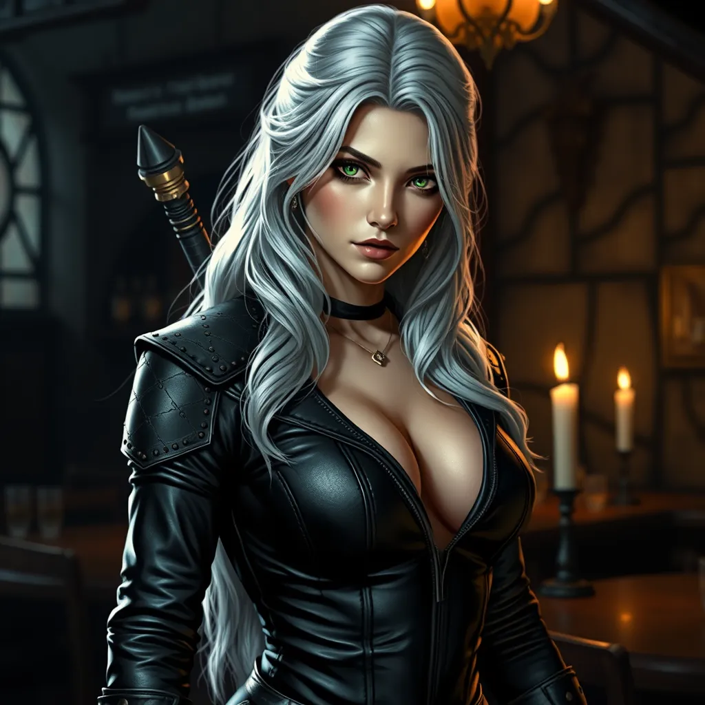 A seductive Ciri from The Witcher, with her silver hair cascading in loose waves, wearing a form-fitting, dark leather outfit that accentuates her curves. Her piercing green eyes are filled with a mix of determination and allure, as she stands in a dimly lit, medieval tavern, with a flickering candle casting shadows on her face.