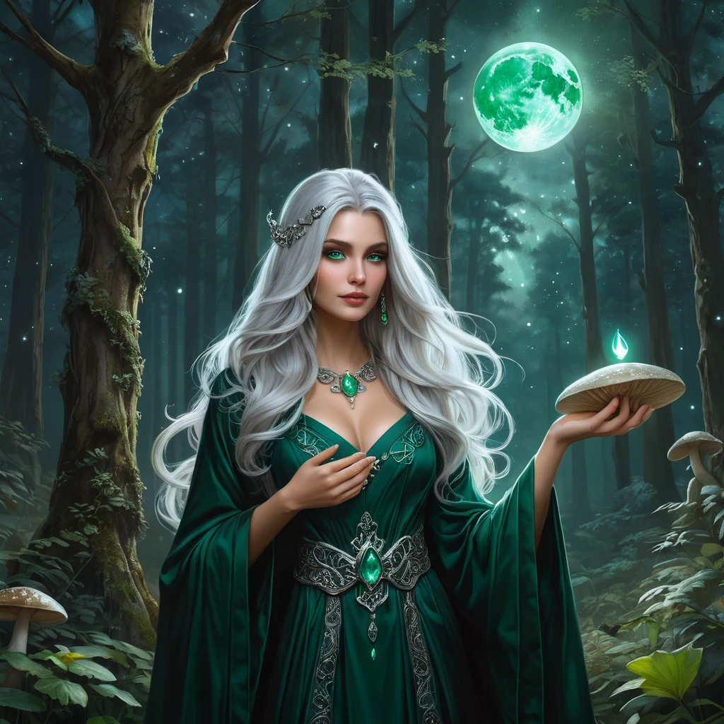 A beautiful witch with long, flowing silver hair and piercing emerald eyes, standing in a moonlit forest with glowing mushrooms and a crescent moon overhead, her robes shimmering with stardust and ancient runes