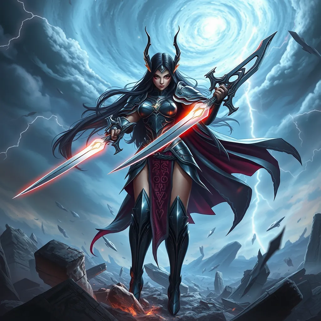 A majestic Irelia stands amidst a storm-torn battlefield, her eyes glowing with an ethereal light as she wields her twin blades with deadly precision. The sky above is a swirling vortex of dark clouds and lightning, casting an eerie glow on her armor, which is adorned with intricate, ancient runes.