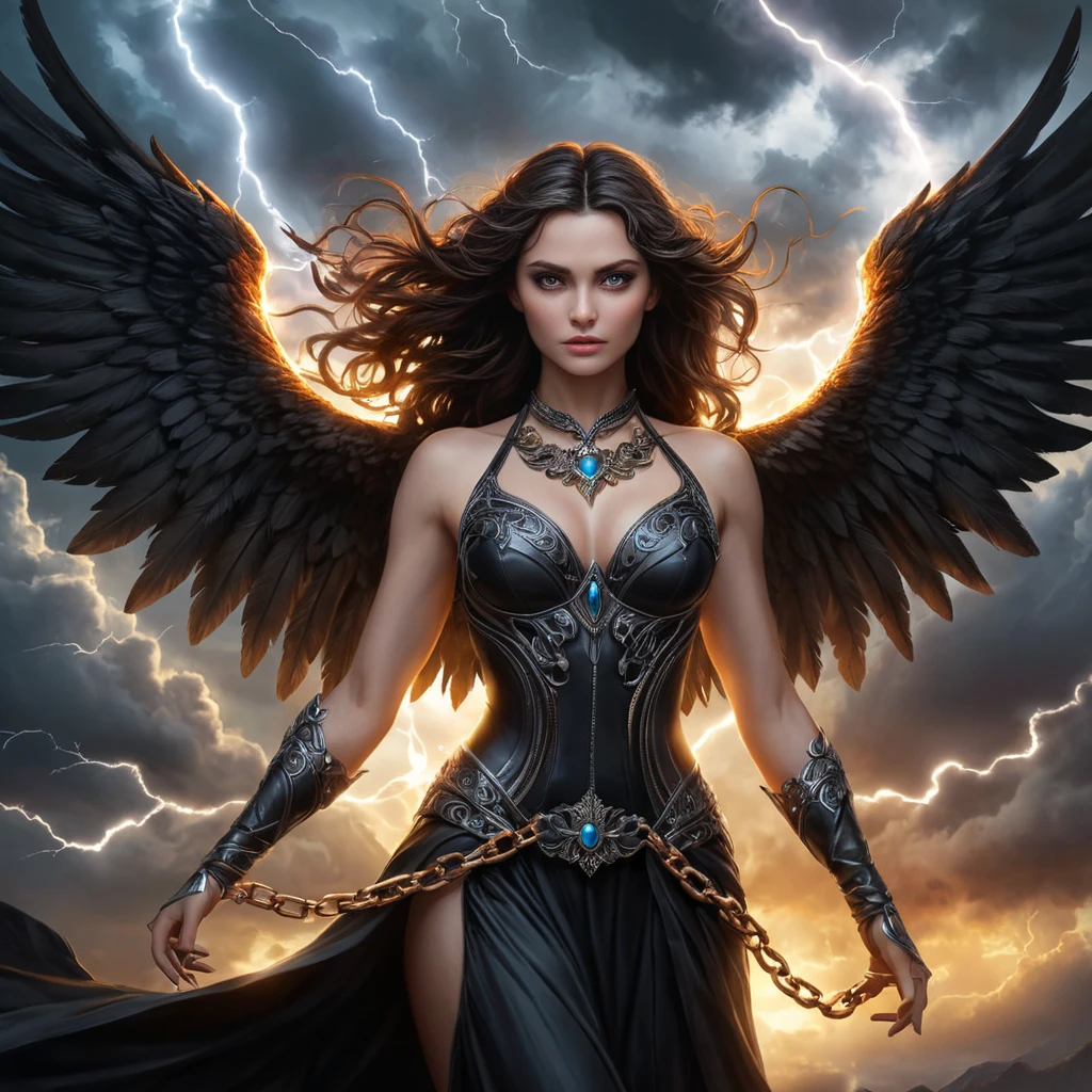 Morgana, the fallen angel, stands in a tempestuous sky, her wings spread wide and black as night. Her eyes burn with a fiery, malevolent glow, and her chains rattle ominously in the wind. The background is a swirling vortex of dark clouds and lightning, casting an eerie light on her form.