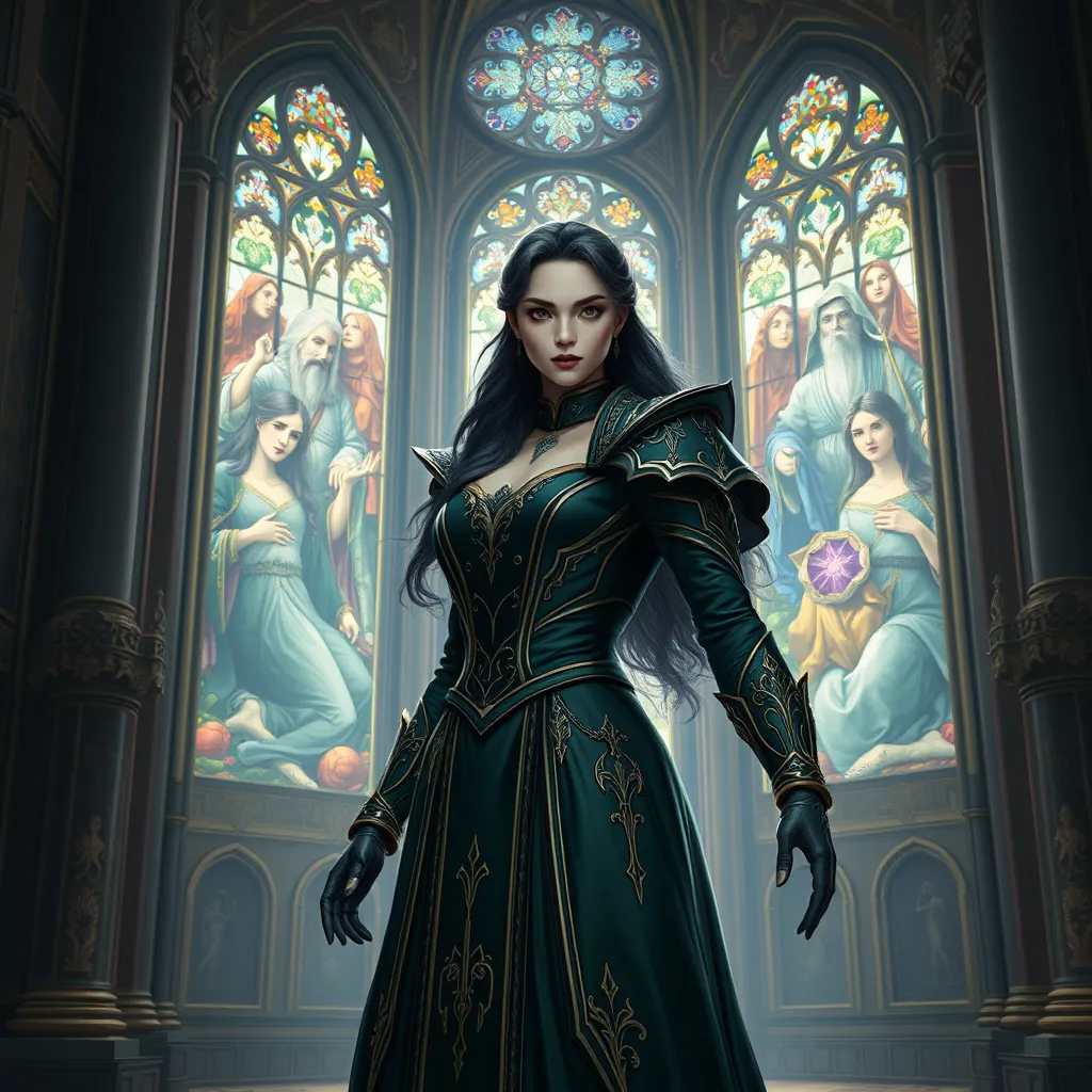 A enchanting Yennefer with hair like obsidian and eyes that sparkle with arcane knowledge, dressed in a regal, dark green gown with gold accents, standing in a grand hall with towering stained glass windows depicting ancient legends