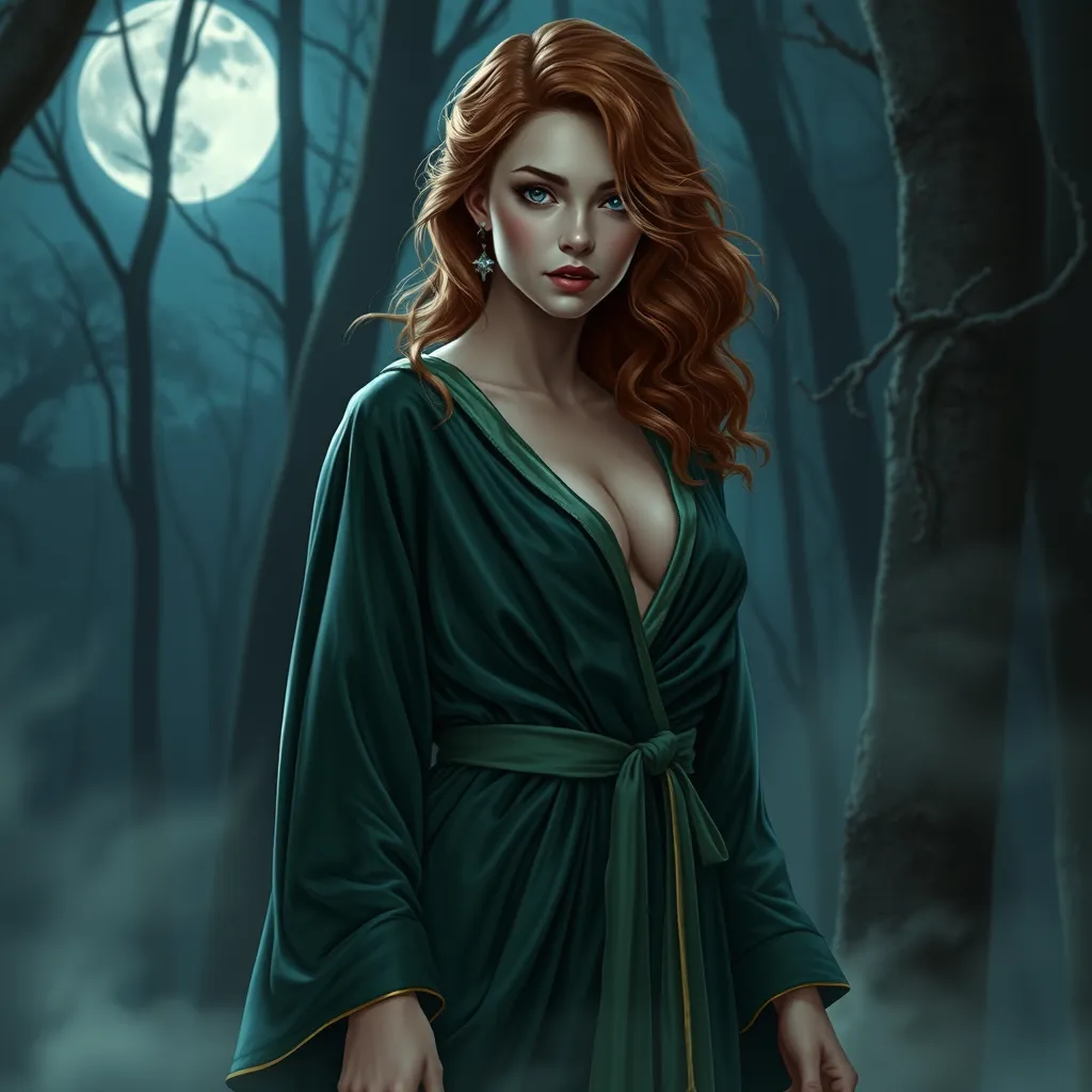 Triss Merigold in a luxurious, velvet robe that clings to her curves, her hair cascading in loose waves, standing in a moonlit forest with mist swirling around her, her expression both enchanting and enigmatic.