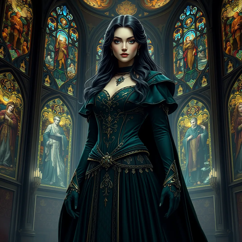 A enchanting Yennefer with hair like obsidian and eyes that sparkle with arcane knowledge, dressed in a regal, dark green gown with gold accents, standing in a grand hall with towering stained glass windows depicting ancient legends