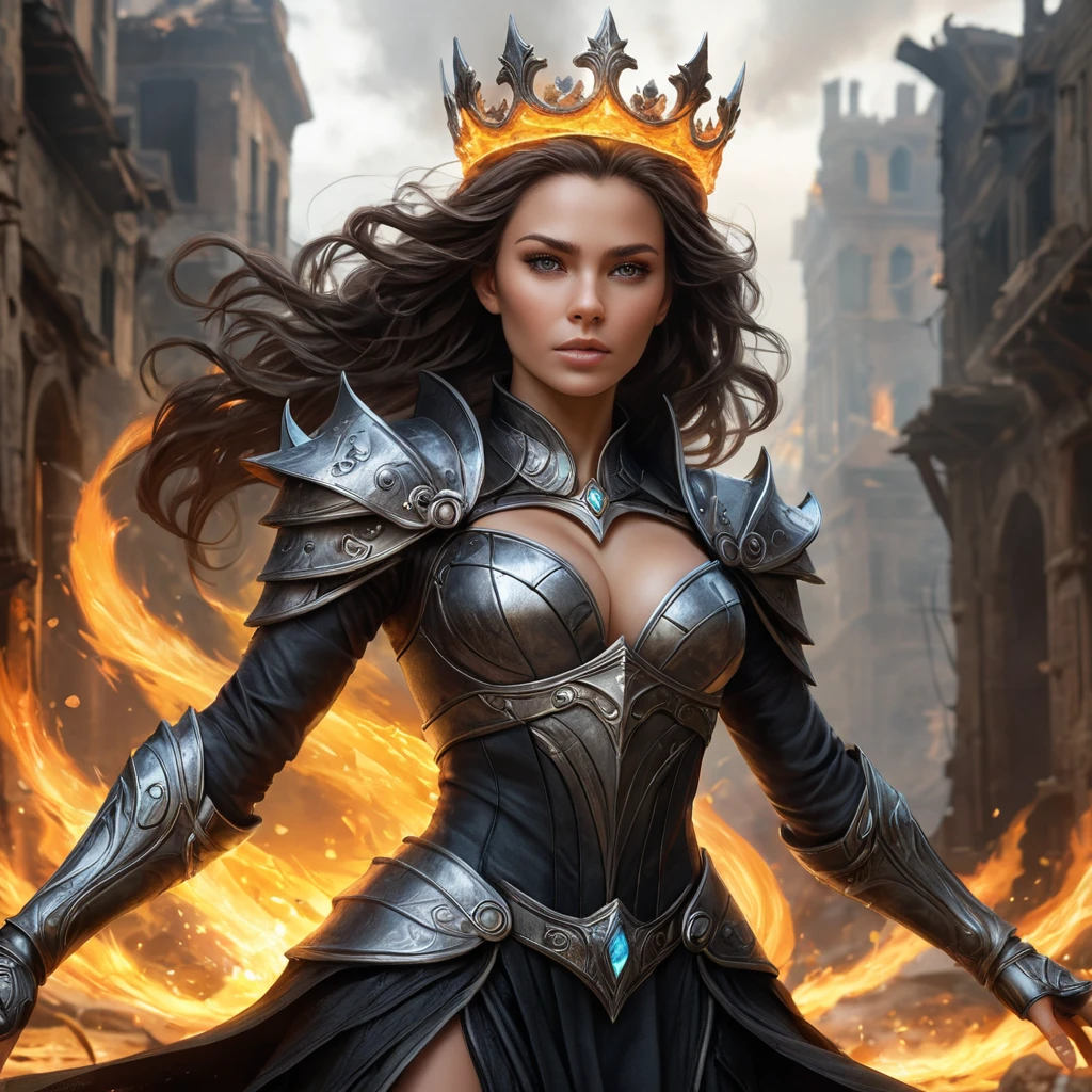 A Fire Sorceress stands in the midst of a ruined city, her power having laid waste to everything around her. Her eyes are pits of swirling fire, and her voice is a deep, rumbling growl that echoes through the air. She wears a crown of twisted, burning metal, and her armor is made of blackened, scorched steel. Flames lick at her fingertips as she raises her hands, ready to unleash another wave of destruction upon the world.