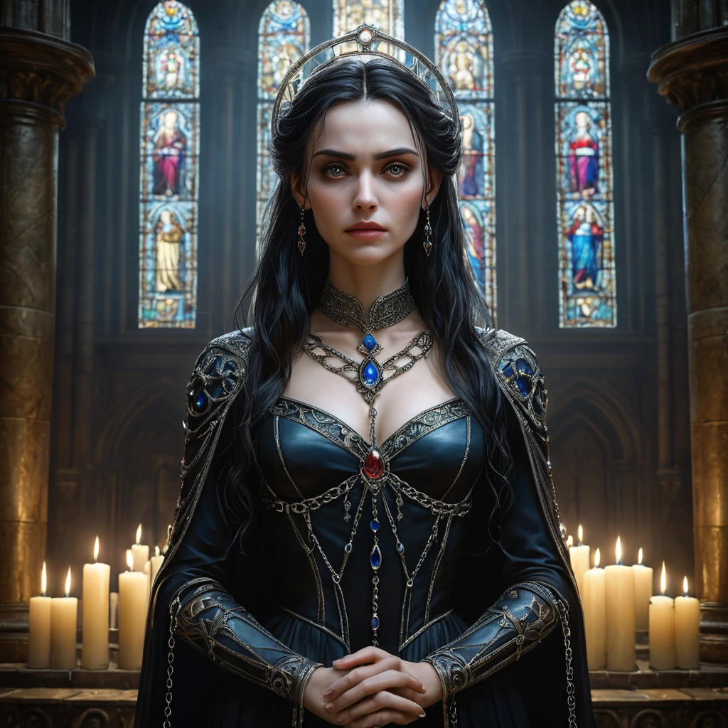 Morgana is shown in a grand, ancient cathedral, her presence both beautiful and terrifying. The stained glass windows behind her depict scenes of torment and despair, and her form is illuminated by the eerie, flickering light of candles. Her chains are wrapped around the pillars, binding them with an unbreakable force.