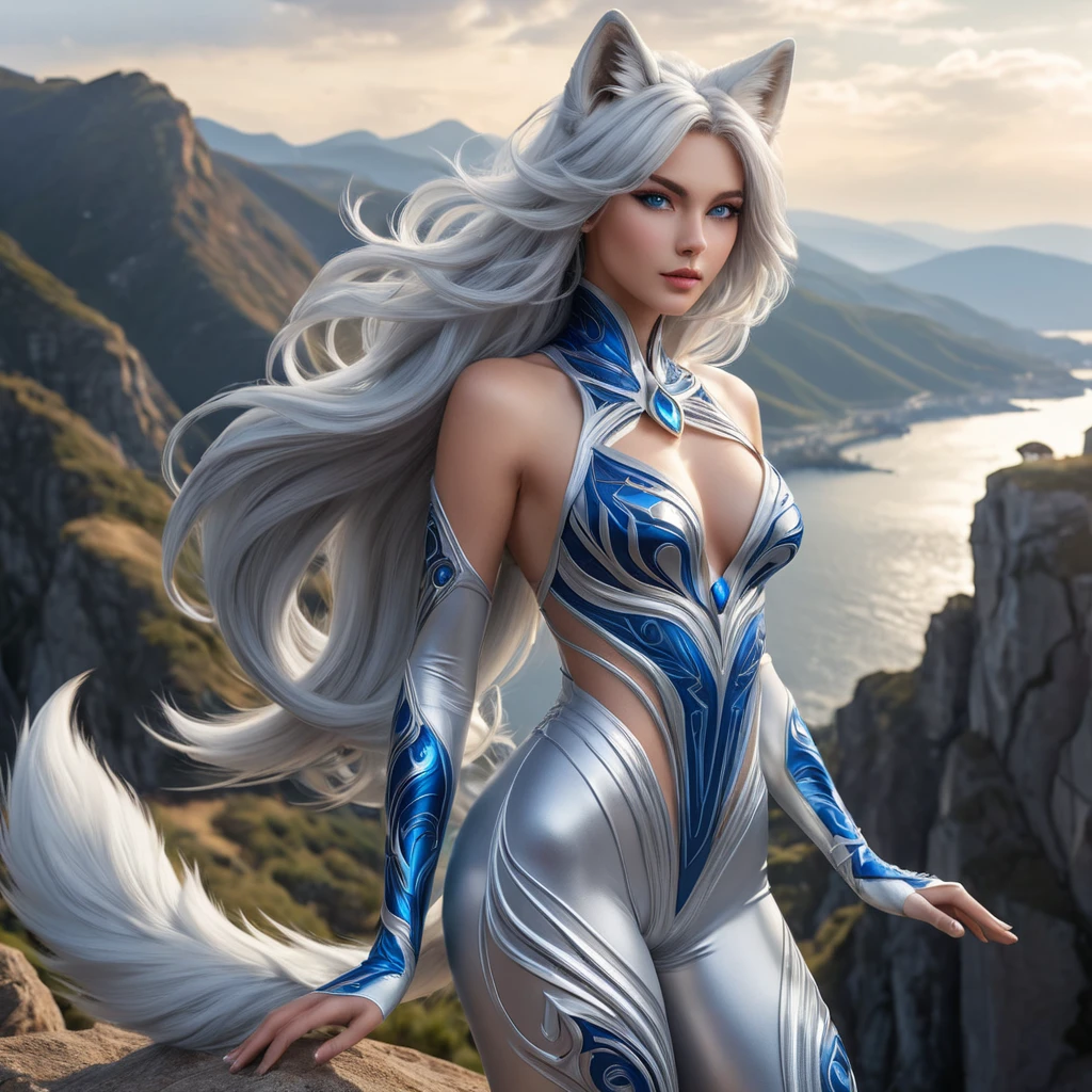 A seductive Ahri, her form half-human, half-fox, with sleek, silver fur and piercing blue eyes, standing on a cliff overlooking a vast, mystical landscape, wearing a tight, form-fitting bodysuit adorned with intricate patterns, with a gentle breeze tousling her hair.